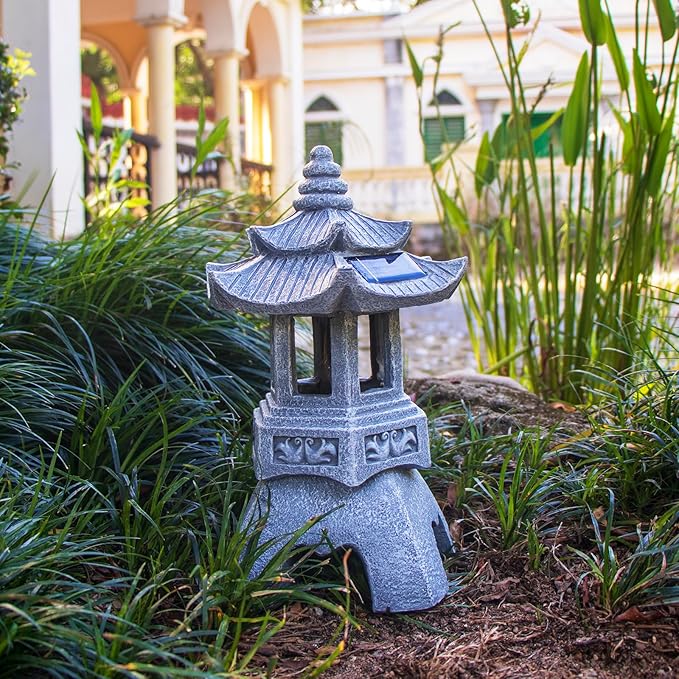 DIBIEECN Japanese Garden Decor Pagoda Garden Statue, Solar Patio Lights, Zen Landscape Lighting Garden Decor, Asian Outdoor Decor for Yard Backyard, Gifts for Women Mom