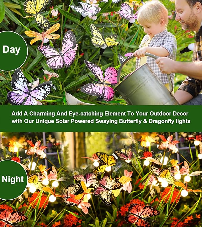 Aiscool Solar Garden Lights, Swaying Dance Butterfly Light Outside, Solar Outdoor Lights,Yard Patio Pathway Lawn Summer Decoration,Realistic Butterflies & Dragonflies(2 Pack)