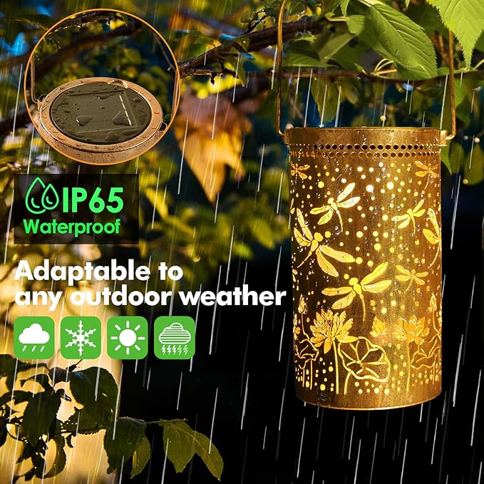 Fabuday Dragonfly Lotus Outdoor Solar Lantern Waterproof - Hanging Solar Power Lights Led for Outside, Garden Decor for Patio, Porch, Balcony, Yard and Deck, Gardening Decorations Gifts for Women Mom