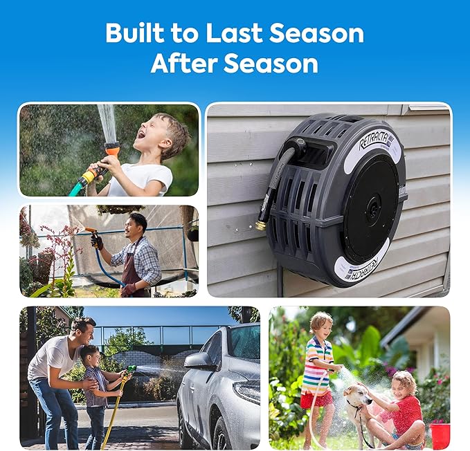 Macnaught Retractable Garden Hose Reel, 60 Ft Water Hose Reel Heavy Duty Retractable Hose with Metal 180° Swivel Rotation Bracket for Wall Mount - Gray