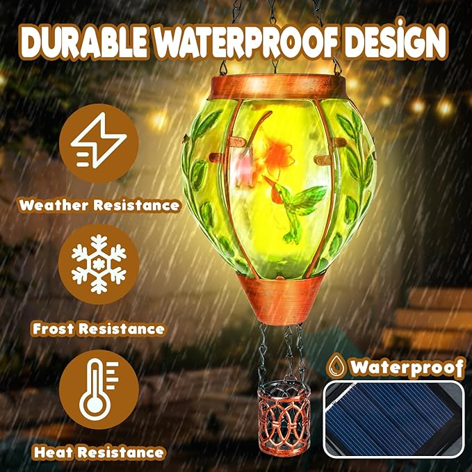 2 Pack Solar Hot Air Balloon Lantern with Flame，Hummingbird Outdoor Solar Lanterns for Outside Garden Yard Farmhouse Patio Pathway Decoration, Hummingbird Gifts for Women Grandma Mom - Hummingbird