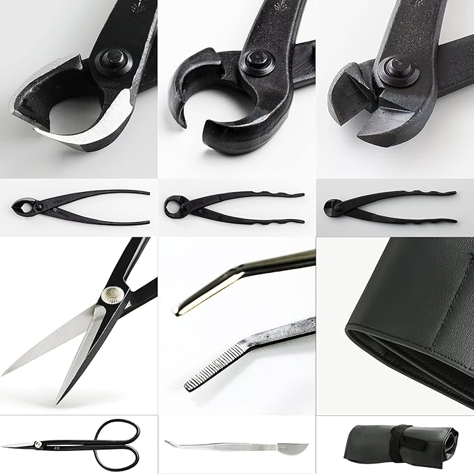 Wazakura Made in Japan 5PCS Bonsai Tool Kit with Roll Bag: Yasugi Steel Twig Bonsai Scissors, Concave Branch Cutter, Knob Cutter, Wire Cutter, Tweezers - 5 Tools Twig Schissor Set with Case…