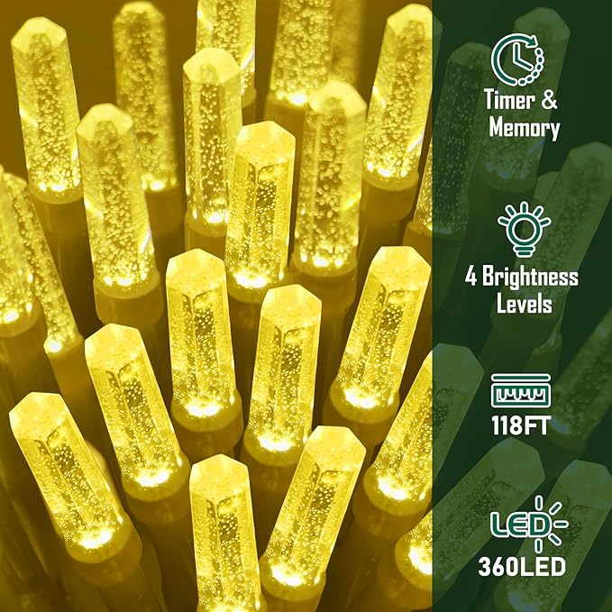 Heceltt 360 LED 118 FT String Lights Outdoor, 8 Modes Warm White Christmas Lights Plug in, IP44 Waterproof Led String Lights with Timer and Memory for Xmas Tree Yard Party Garden Decorations