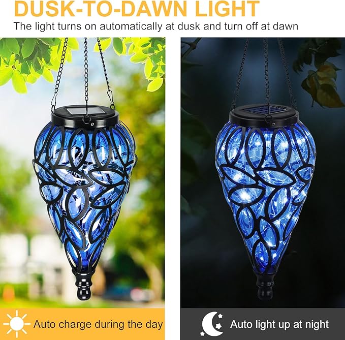 Solar Hanging Lantern Outdoor Lights, Tear-Shaped 15 LEDs Cool White Hanging Lights with S Hooks Decor in Garden, Yard, Pathway, Front Door and Landscape