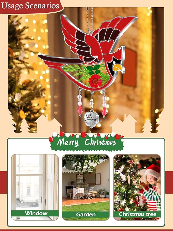 KY&BOSAM Best Friend Forever Cardinal Suncatcher Gifts for Friend Hand-Painted Garden Ornament Hanging Wind Chime with Pressed Flower Cardinal Embedded in Glass Mother`s Day Birthday Christmas