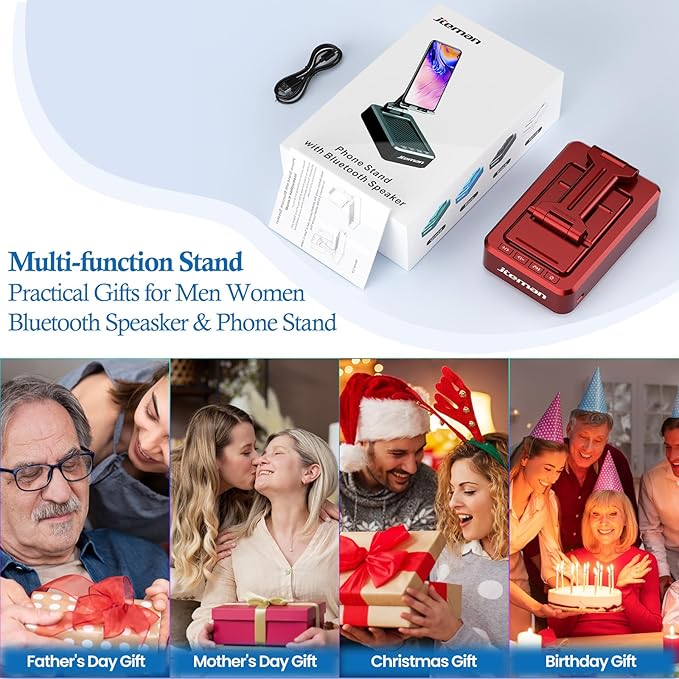Jteman Portable Phone Stand with Speaker Bluetooth Wireless,Gifts for Men Women,Birthday for Women,Kitchen Gadgets for Men,Phone Holder for Desk - Red