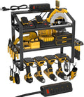 Power Tool Organizer With Charging Station, Heavy Duty Steel 4 Slots, Tool Battery Holder with 4 Outlet Power Strip, Easy To Install Garage Storage Rack for Workshop/Shed Gift For Men