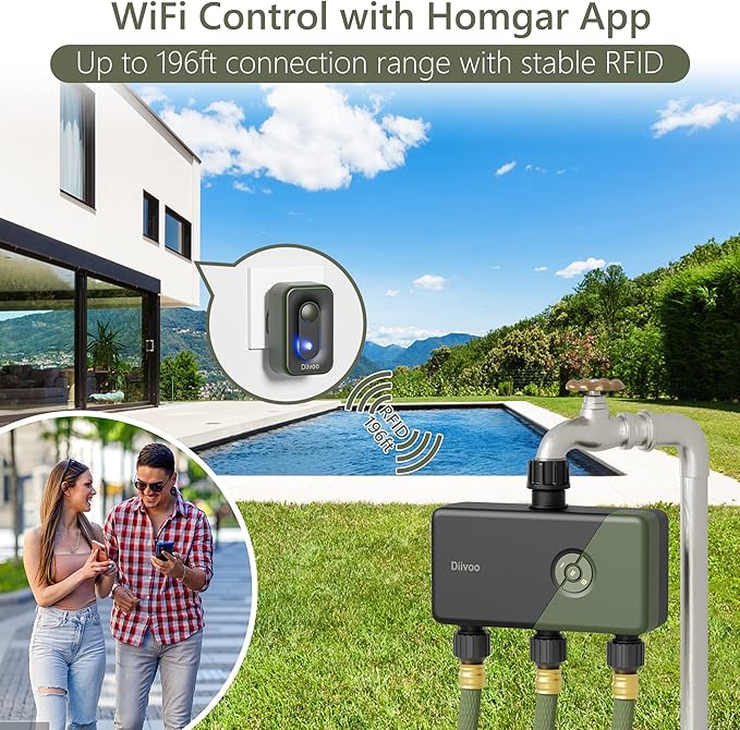 Diivoo Smart Water Timer 3 Zone, WiFi Sprinkler Hose Timer Compatible with Alexa and Google, Remote Control Irrigation Timer, Automatic Manual Watering, Rain Delay, for Garden, Lawns and Yards