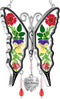 KY&BOSAM Butterfly Suncatcher I Love You Nana Gifts Stain Glass Suncatchers for Window Hanging Wind Chime Pressed Real Flower and Heart Charm Birthday Gift for Nana Mother`s Day Valentine`s Christmas