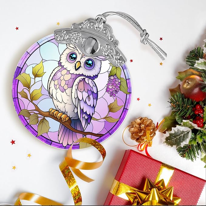 Stained Glass Suncatcher, Jocidea Owl Ornament, Christmas Ornaments, Holidays Ornaments, Christmas Tree Decor, Owl Decor for Home, Owl Gifts