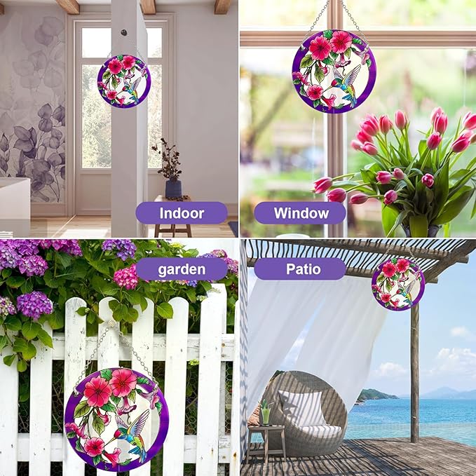 Stained Glass Window Hanging, Hummingbird Gifts for Women, Bird and Flowers Suncatcher for Window, 6" Purple Stained Glass Suncatchers, Hand Painted Glass for Birds Lover (6 inch)