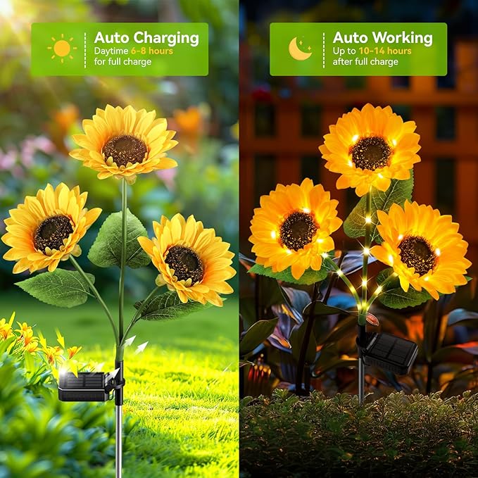 KOOPER Solar Lights Outdoor Decor - 6 Pack with 18 Sunflower Lights, Auto ON/Off, Waterproof for Garden, Patio, Backyard