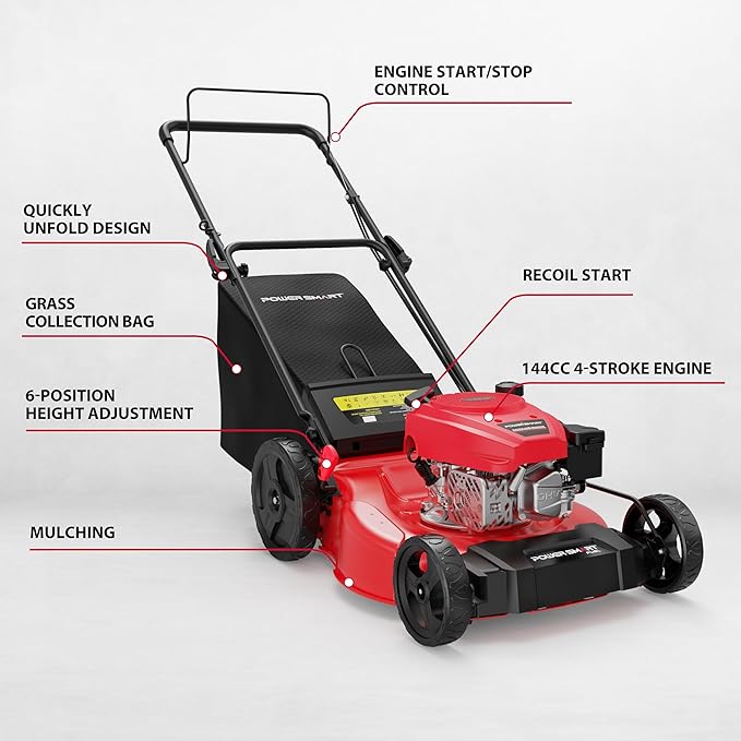 PowerSmart 21-inch Gas Push Lawn Mower, 144cc 4-Stroke Engine with Easy Adjustable Cutting Height, High Wheels, 2-in-1 with Mulch, Bag