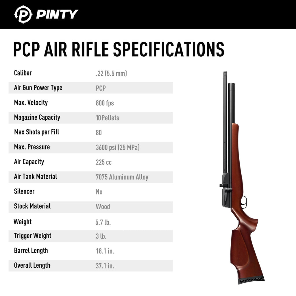 Pinty Timber - 10 Pellet .22Cal PCP Pellet Gun Air Rifle High Power Airgun for Hunting