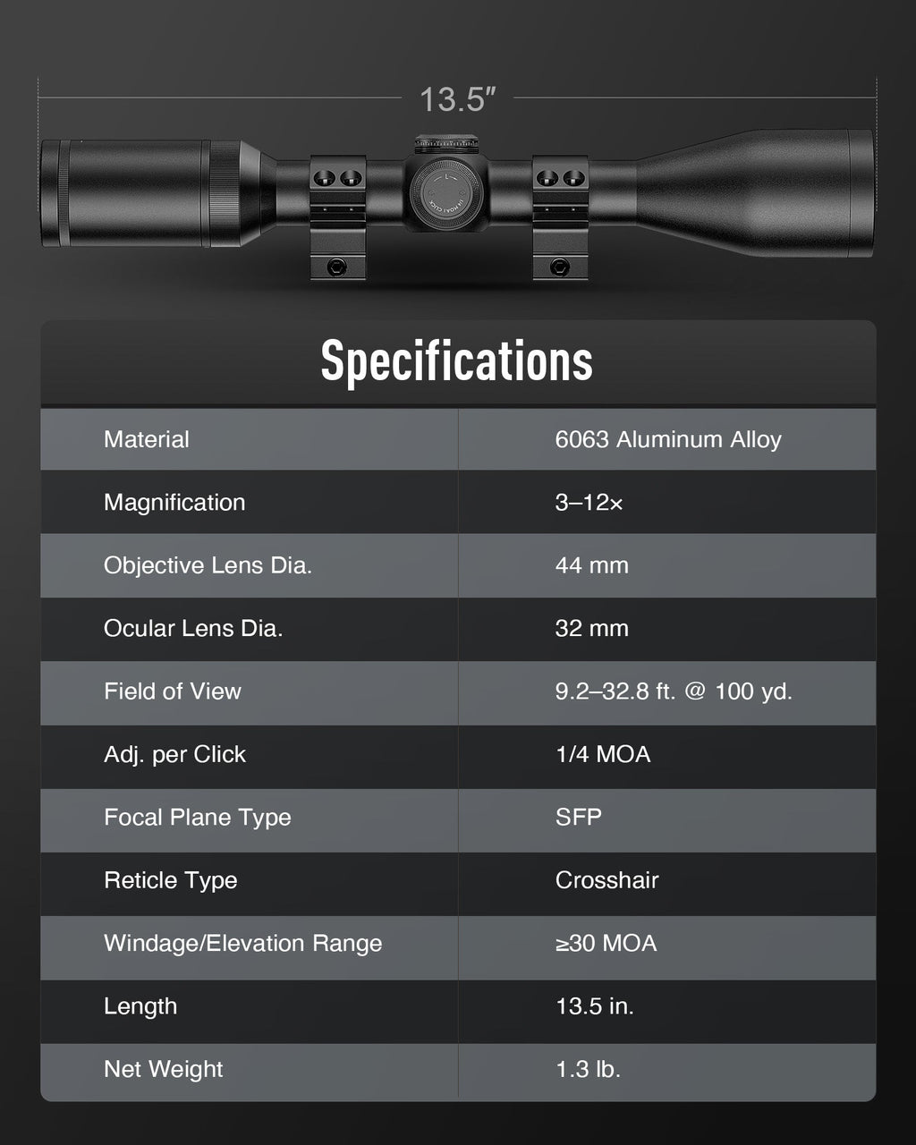 3-12x44 Rifle SFP Optical Scope with R-02 Crosshair Reticle
