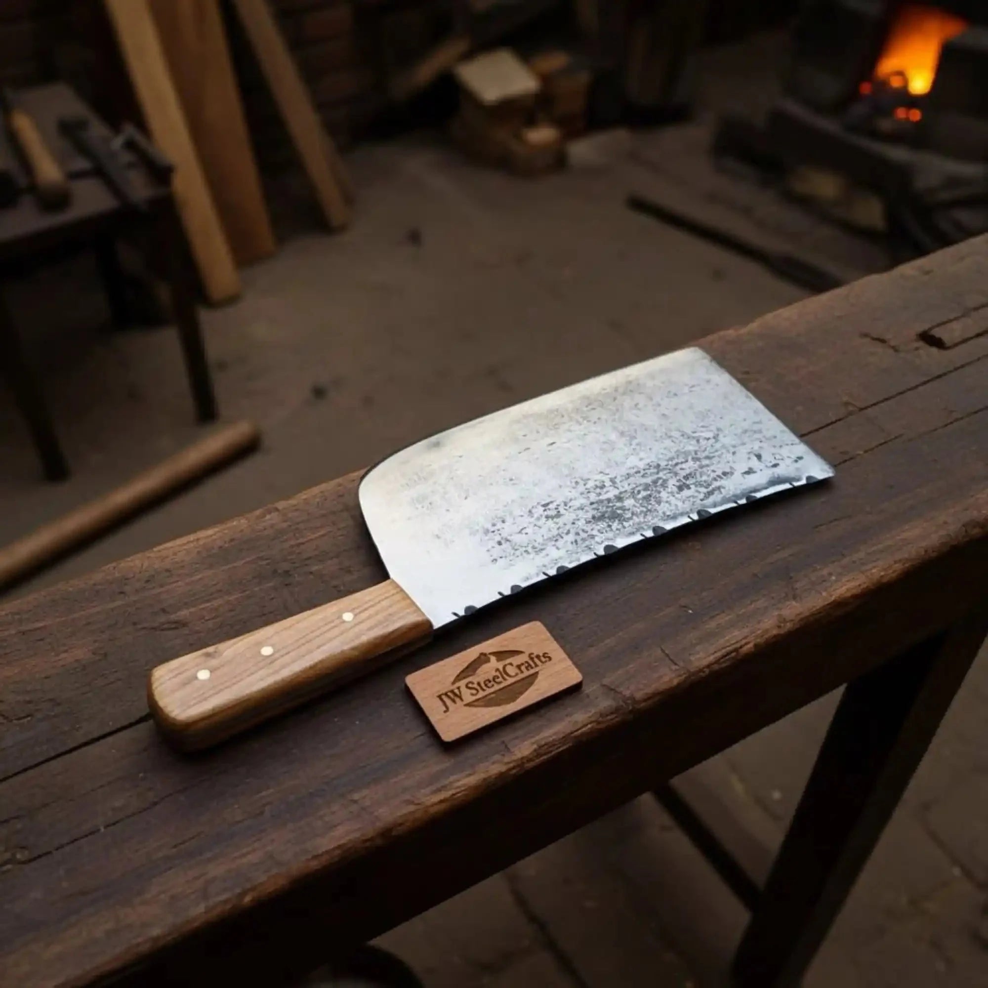 9-Inch Kitchen Cleaver — Dull-Polished Blade with Filework Spine, Natural Wood Handle (14-Inch Overall, Full Tang, Hand-Forged)