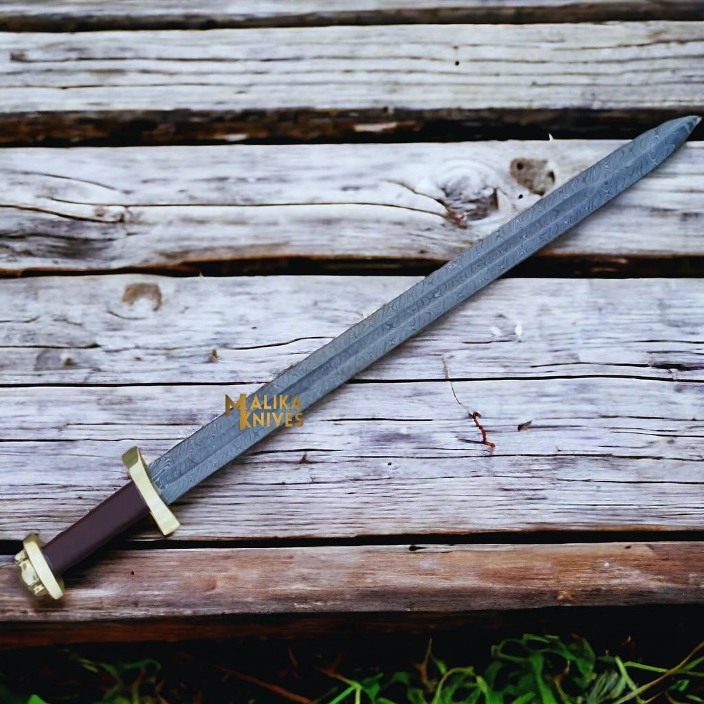 Custom Damascus Viking Sword With Brass Pummel & Guard-903