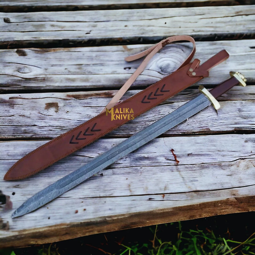 Custom Damascus Viking Sword With Brass Pummel & Guard-903