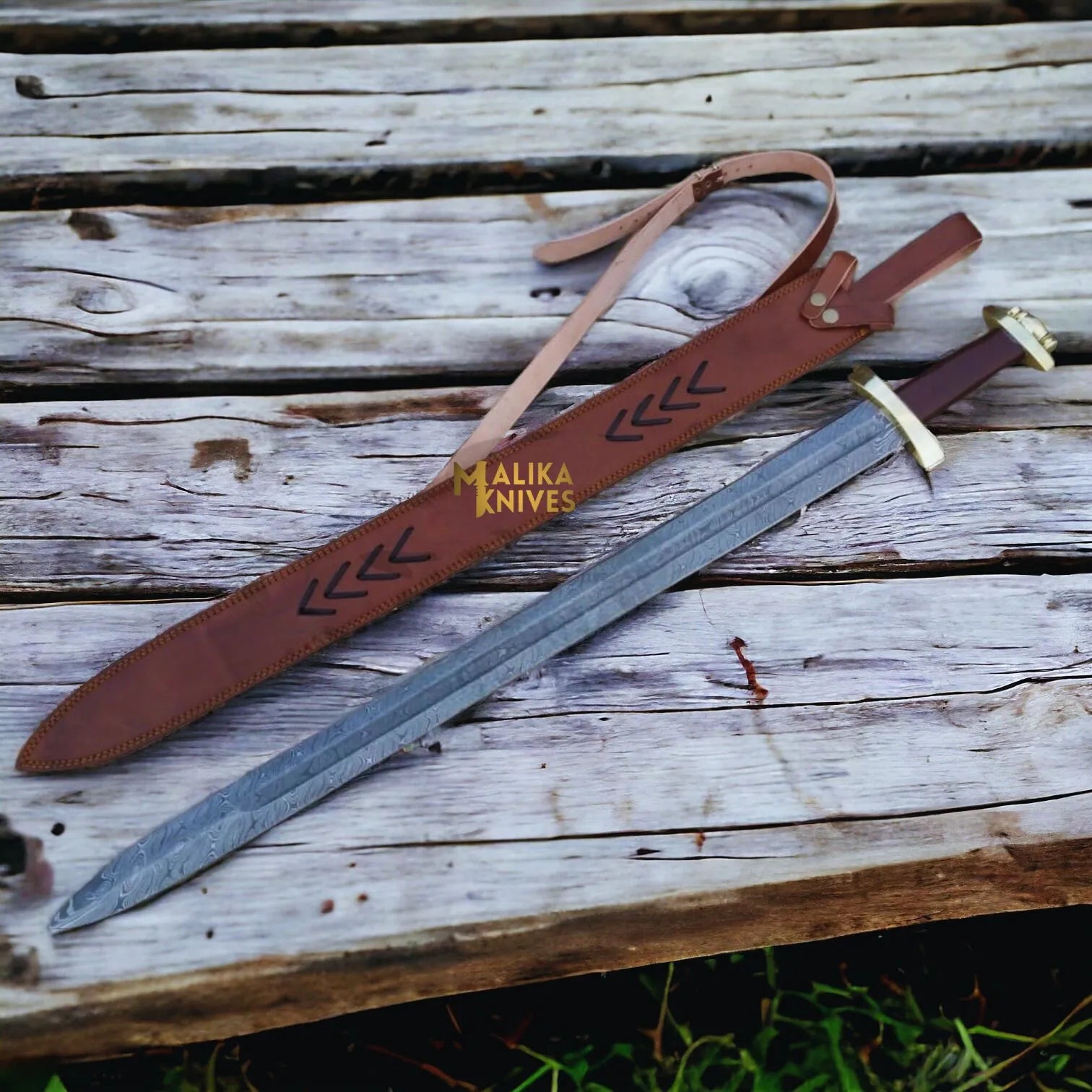 Custom Damascus Viking Sword With Brass Pummel & Guard-903