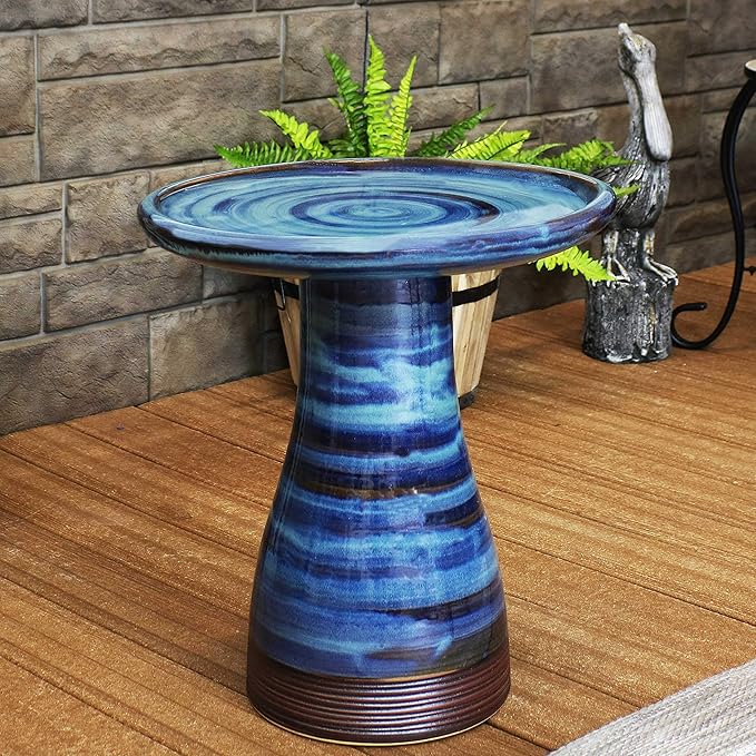Sunnydaze 21" H Ceramic Bird Bath for Outside - Hand-Painted Outdoor Bird Bath Bowl, UV/Frost-Resistant Finish - Galaxy Blue - Ribbed Pedestal