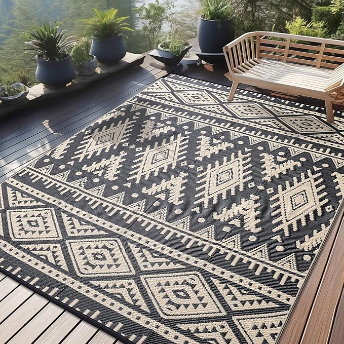 OLANLY Outdoor Rug Waterproof 9x12 ft, Reversible Outdoor Plastic Straw Rug, Boho Patio Rug, Indoor Outdoor Carpet, RV Mat Outside for Patio, Camp, Picnic, Balcony, Deck, Backyard, Black & Beige