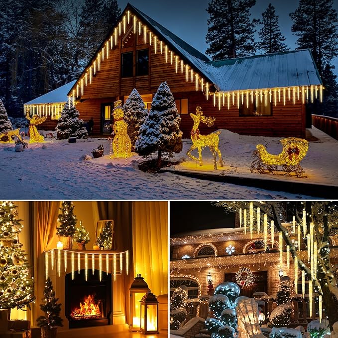 Christmas Meteor Shower Icicle Lights Outdoor, 19.8Ft With 20 Large Tube 480 LED Dropping Effect, Waterproof Decorations for House Eave Roofline, Warm White
