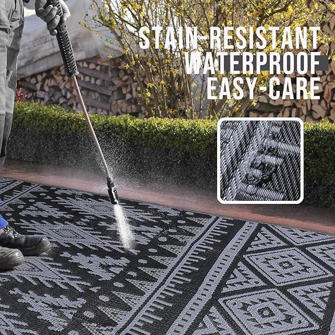 OLANLY Outdoor Rug Waterproof 9x12 ft, Reversible Outdoor Plastic Straw Rug, Boho Patio Rug, Indoor Outdoor Carpet, RV Mat Outside for Patio, Camp, Picnic, Balcony, Deck, Backyard, Black & Grey