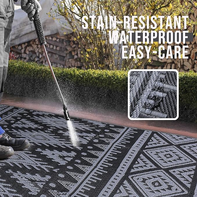 OLANLY Outdoor Rug Waterproof 4x6 ft, Reversible Outdoor Plastic Straw Rug, Boho Patio Rug, Indoor Outdoor Carpet, RV Mat Outside for Patio, Camp, Picnic, Balcony, Deck, Backyard, Black & Grey