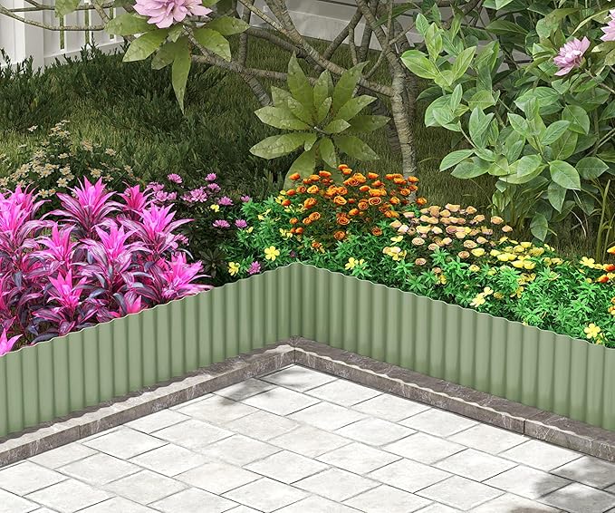 Metal Garden Edging Border, Corrugated Steel Landscaping, DIY for Lawn (Green, 10 Inch x 20FT)