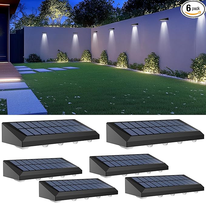 Solar Fence Lights Outdoor Waterproof IP65, 6 Pack Fence Lights Solar Powered 60 Lumens Auto On/Off Step Wall Lights Outside Decorations for Yard, Porch, Patio, Stairs, Pool, Deck, Garden-White Light