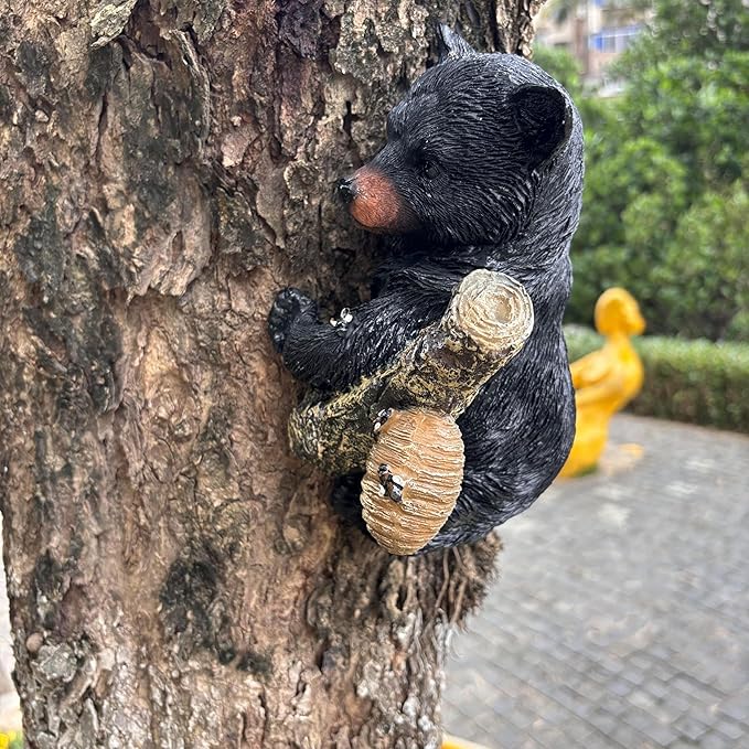 Black Bear Cub Tree Hugger Decor Outdoor Sculpture, Baby Bear Hanging Up a Tree Statue Garden Peeker, Adorable Cute Resin Tree Hugger Bear Face for Gifts and Garden Decor