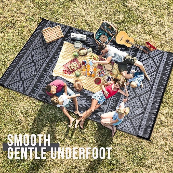 OLANLY Outdoor Rug Waterproof 10x14 ft, Reversible Outdoor Plastic Straw Rug, Boho Patio Rug, Indoor Outdoor Carpet, RV Mat Outside for Patio, Camp, Picnic, Balcony, Deck, Backyard, Black & Grey
