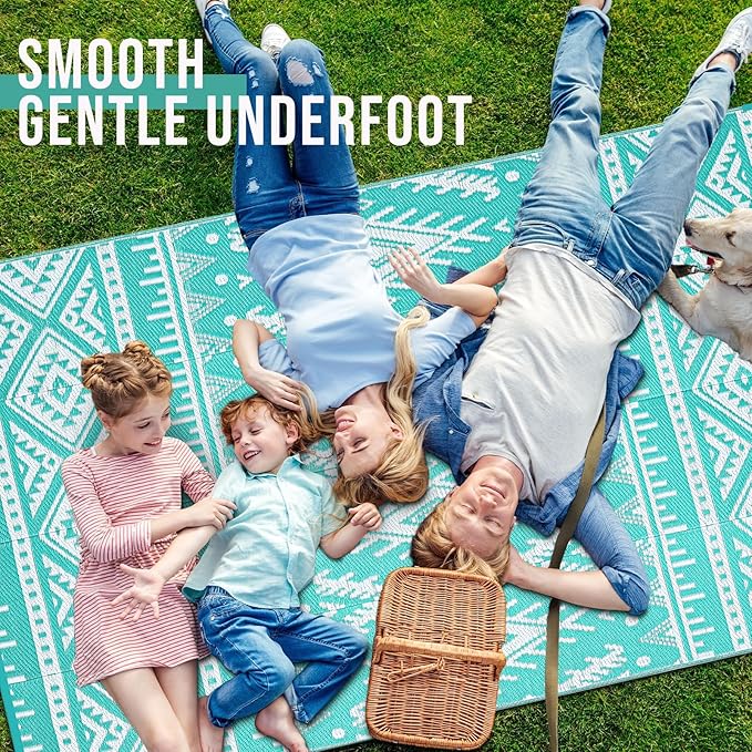 OLANLY Outdoor Rug Waterproof 9x12 ft, Reversible Outdoor Plastic Straw Rug, Boho Patio Rug, Indoor Outdoor Carpet, RV Mat Outside for Patio, Camp, Picnic, Balcony, Deck, Backyard, Turquoise & White