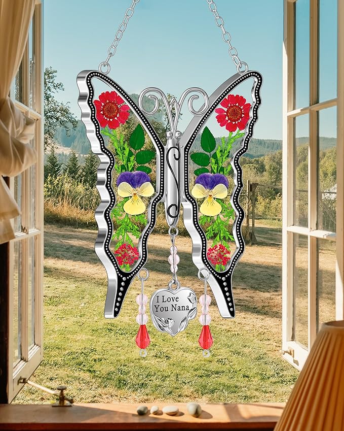 KY&BOSAM Butterfly Suncatcher I Love You Nana Gifts Stain Glass Suncatchers for Window Hanging Wind Chime Pressed Real Flower and Heart Charm Birthday Gift for Nana Mother`s Day Valentine`s Christmas