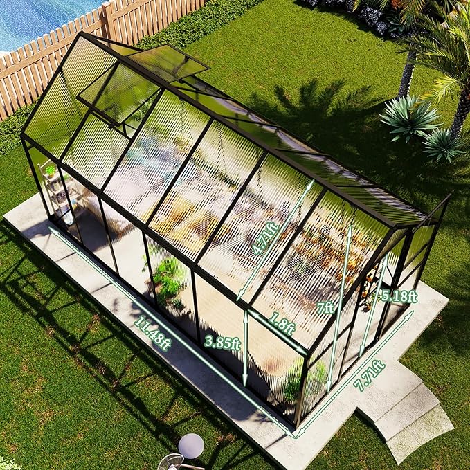 Amerlife 8x11.5x7 FT Polycarbonate Greenhouse for Outdoors, Walk-in Design with Aluminum Frame, 2 Windows and Swing Door, Heavy-Duty Greenhouse Construction for Garden, Black