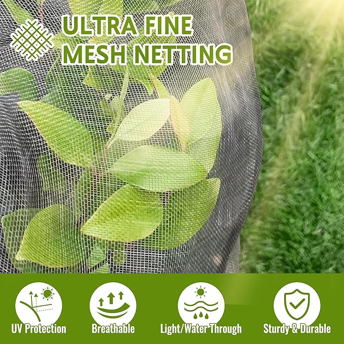 2 Pack Fruit Tree Netting Bags with Zipper and Drawstring, 8 x 8ft Ultra Fine Mesh Garden Netting Plant Cover, Bird Netting for Blueberry Bushes, Fruit Trees, Flowers (Black, 8 x 8 ft)