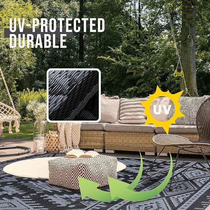 OLANLY Outdoor Rug Waterproof 5x8 ft, Reversible Outdoor Plastic Straw Rug, Boho Patio Rug, Indoor Outdoor Carpet, RV Mat Outside for Patio, Camp, Picnic, Balcony, Deck, Backyard, Black & Grey
