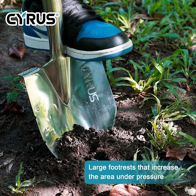 CYRUS Garden Shovel for Digging, 28 Inches in Total Length, Mini D-Shape Heavy Duty Shovel with Serrated Edges, Suitable for Garden, Lawn and Outdoor Camping