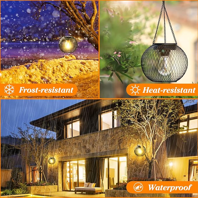 Solar Lantern Outdoor, Upgraded Hanging Lights Outdoor Garden Metal Lanterns Decorative Lighting Powered Waterproof Tree for Yard Patio Pathway, 2 Pack, Black