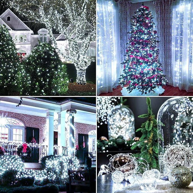 Extra-Long 288FT 800LED Solar Fairy String Lights, 4-Pack 72FT 200 LED Outdoor Twinkle Lights Waterproof 8 Lighting Modes Cool White Silver Wire Lights for Deck Backyard Tree Garden Fence Pool Party