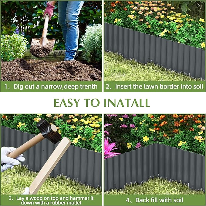 Metal Garden Edging Border, Corrugated Steel Landscaping, DIY for Lawn (Black, 6 Inch x 10FT)