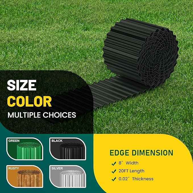 Corrugated Metal Garden Edging, 8"×20Ft Durable Landscape Border for Garden, Lawn, Flower Beds and Paver Edging (Black)