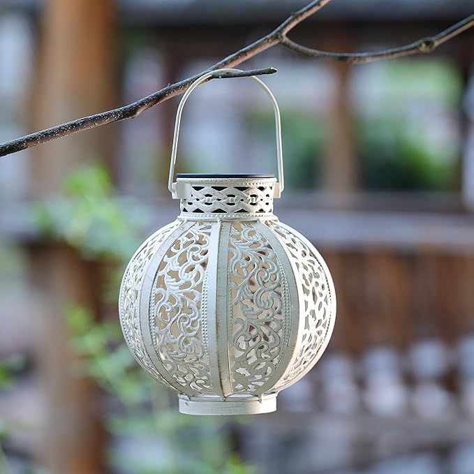 MAGGIFT 2 Pack Hanging Solar Lights for Outside,Solar Lanterns Outdoor Waterproof,Retro Hanging Lantern with Handle for Yard, Garden Decor, Gardening Gifts, Mom Birthday Gift, Beige White