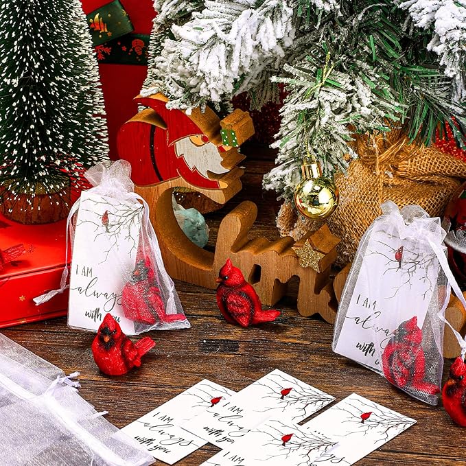 Roowest 36 Pcs Memorial Cardinal Gift Set Include Mini Red Cardinal Bird Statue Figures and Red Feathered Cards and Bags for Sympathy Memorial Gift