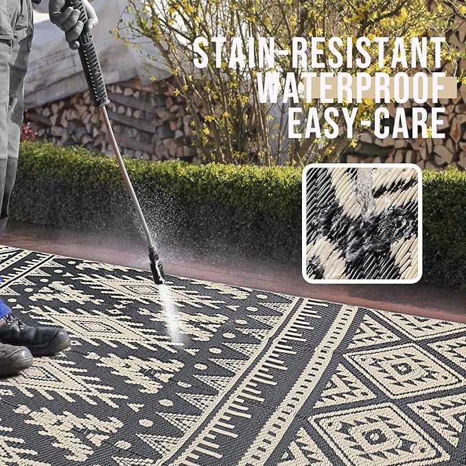 OLANLY Outdoor Rug Waterproof 8x10 ft, Reversible Outdoor Plastic Straw Rug, Boho Patio Rug, Indoor Outdoor Carpet, RV Mat Outside for Patio, Camp, Picnic, Balcony, Deck, Backyard, Black & Beige