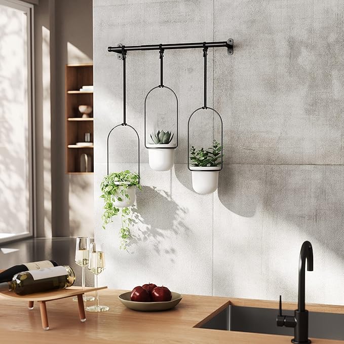 Umbra Triflora Hanging Planter for Window, Indoor Herb Garden, Set of 3, White/Black