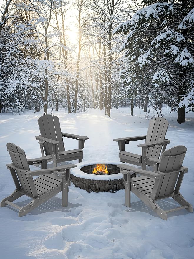 KINGYES Folding Adirondack Chair Set of 4, Dual Cup Holders & All-Weather HDPE, Wood-Like Patio Chair for Backyard, Camping, Pool & Fire Pit, Grey