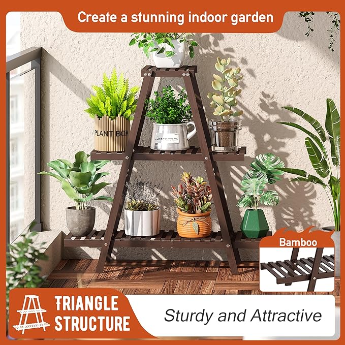 Plant Stand Indoor Plant Shelf Outdoor bamboo Plant Rack, 3 Tiers Ladder Plant Holder Flower Stand for Living Room Balcony Garden Patio,Living Room Boho Home Decor for Gardening Gifts (Brown)