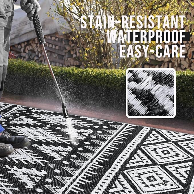 OLANLY Outdoor Rug Waterproof 9x18 ft, Reversible Outdoor Plastic Straw Rug, Boho Patio Rug, Indoor Outdoor Carpet, RV Mat Outside for Patio, Camp, Picnic, Balcony, Deck, Backyard, Black & White