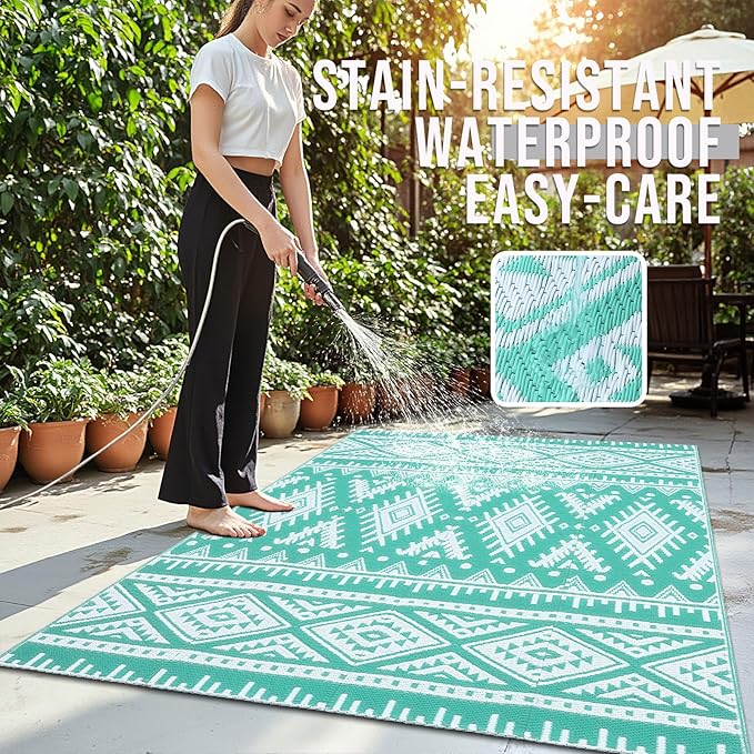 OLANLY Outdoor Rug Waterproof 5x8 ft, Reversible Outdoor Plastic Straw Rug, Boho Patio Rug, Indoor Outdoor Carpet, RV Mat Outside for Patio, Camp, Picnic, Balcony, Deck, Backyard, Turquoise & White